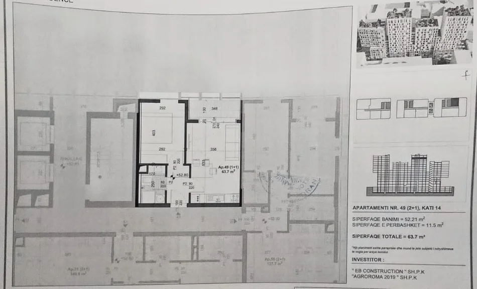 Tirane, shitet apartament 1+1 Kati 14, 64 m² 
