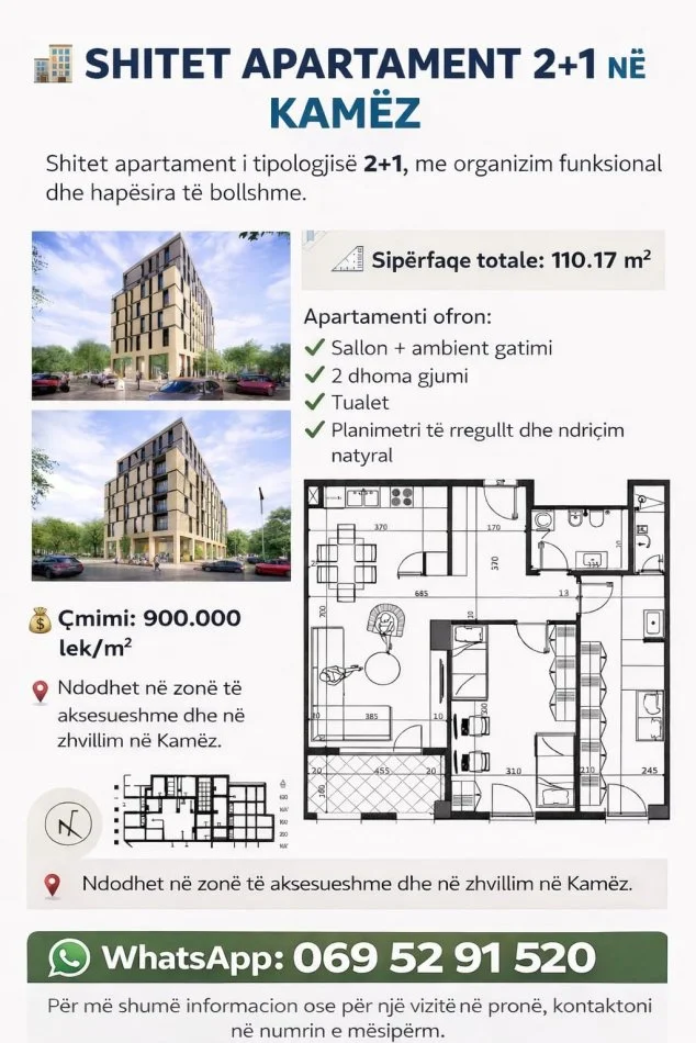 Tirane, shitet apartament 2+1+Ballkon Kati 5,SIPËRFAQE  110 m²,ÇMIMI 99 MILION LEKË (KAMEZ)