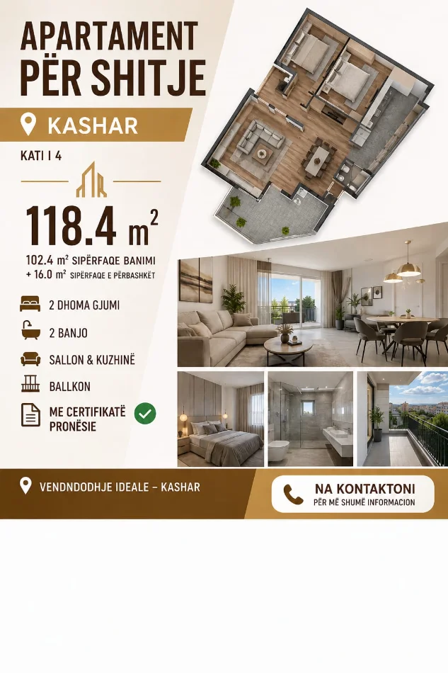 Tirane, shes apartament 2+1+Aneks+Ballkon Kati 4, 118 m² (Kashar)