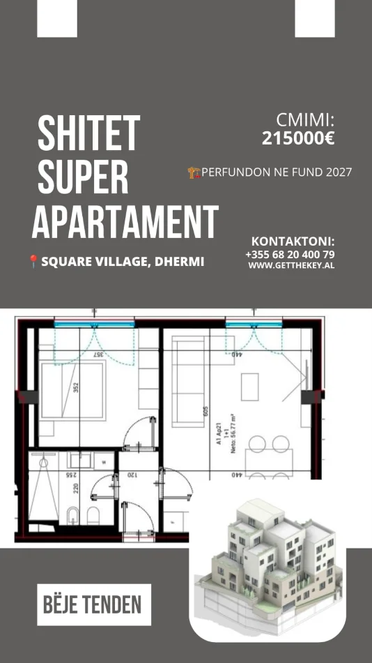 Dhermi - Palase, shitet apartament 1+1 Kati 2, 67 m² 215.000 € (Dhermi palase)
