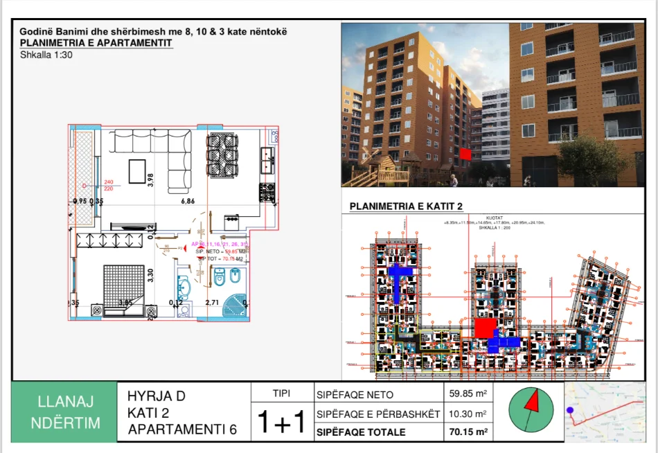 Tirane, shitet apartament 1+1+Ballkon Kati 2, 70 m² (Rruga 3 Deshmoret)