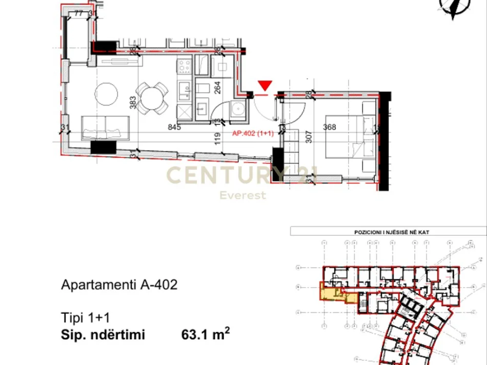 Tirane, shes apartament 1+1 Kati 4, 63 m² 148.300 € (Rruga Bardhyl)