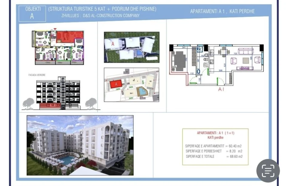 Durres, shitet apartament 1+1+Ballkon Kati 1, 68 m² 65.200 € 