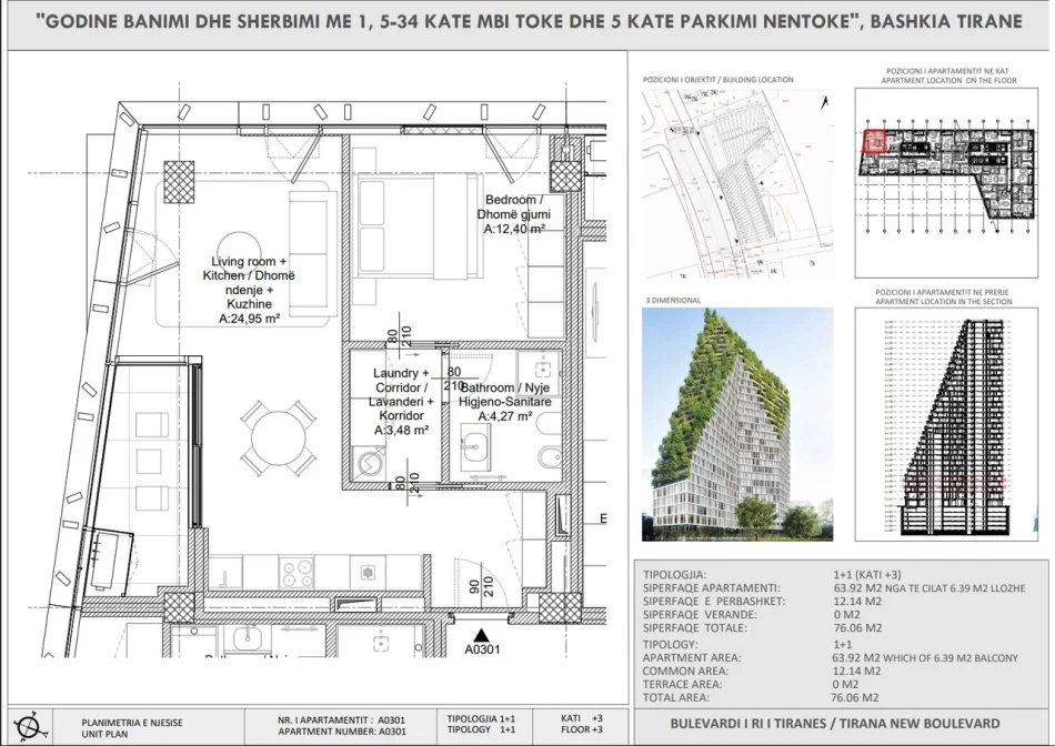 Tirane, shitet apartament 1+1 Kati 3, 179.000 € (New Boulevard Tower)