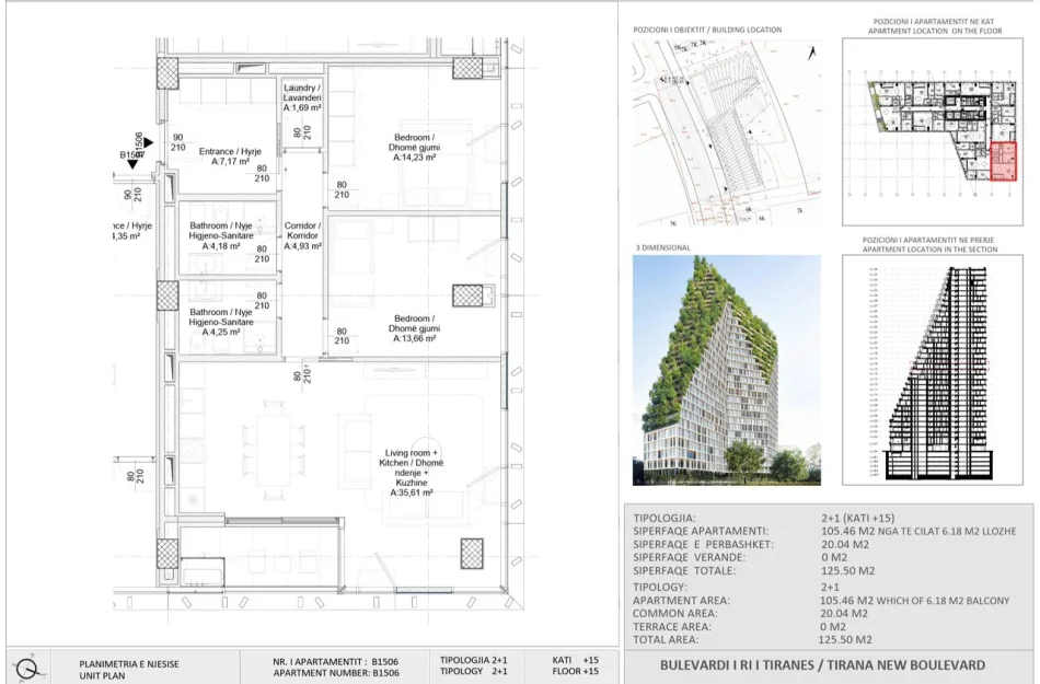 Tirane, shitet apartament 2+1 Kati 15, 300.000 € (New Boulevard Tower)