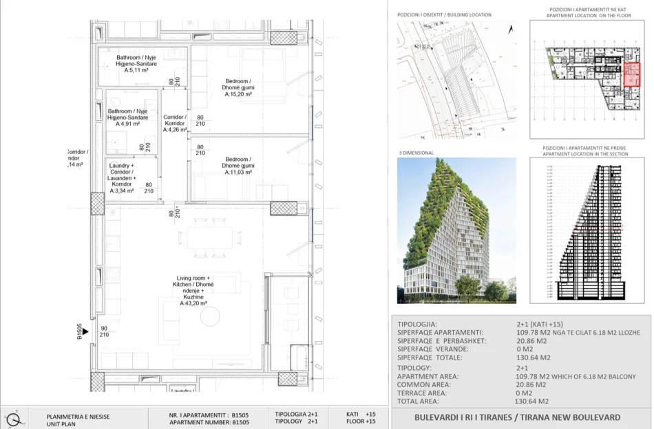 Tirane, shitet apartament 2+1 Kati 15, 310.000 € (New Boulevard Tower)