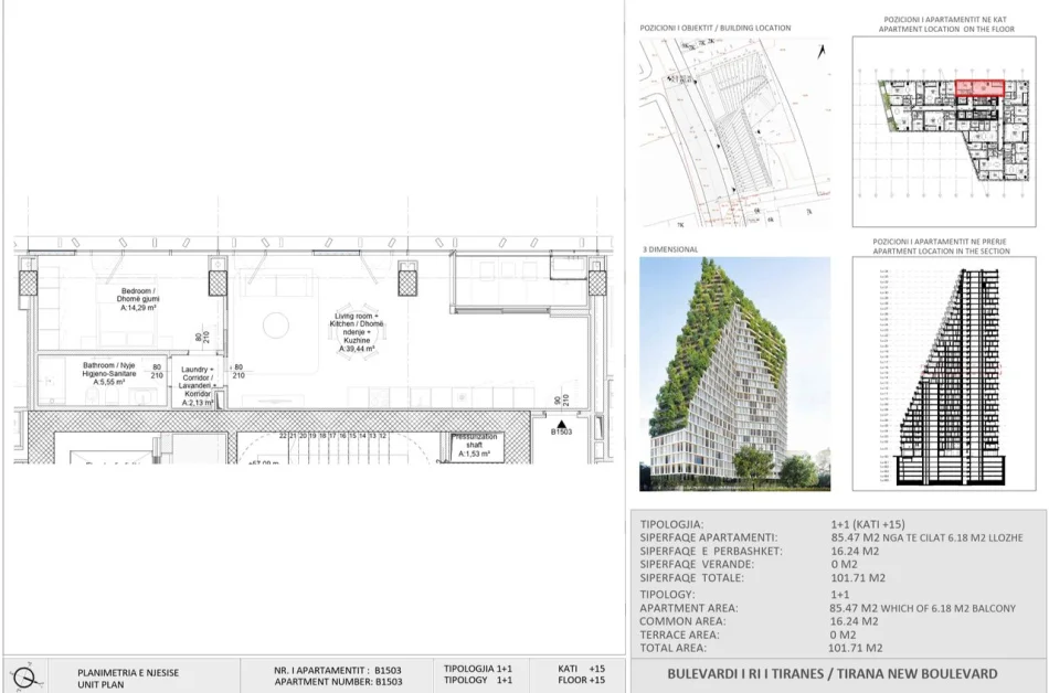Tirane, shitet apartament 1+1 Kati 15, 240.000 € (New Boulevard Tower)