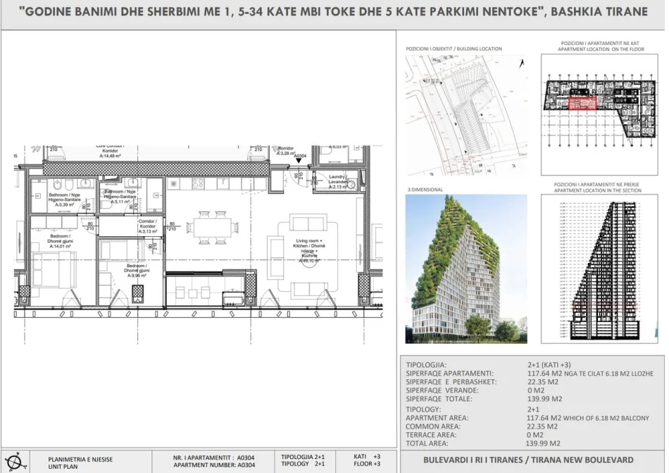 Tirane, shitet apartament 2+1 Kati 3, 330.000 € (The New Boulevard)