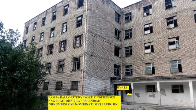 Elbasan,Shitet Ndërtesë 5-Katëshe,Sip.Truall+Lulishte 7000 m², sip. ndërtuar  2'550m², Cmimi 2-milionë euro, përshtatshme për shkolle, spital, institucione, konvikt,hotel etj, në hyrje të ish-Kombinatin Metalurgjik/ e ndërtesës Njësisë Administrative Bradashesh, 300m nga rrethrrotullimi Bradasheshit