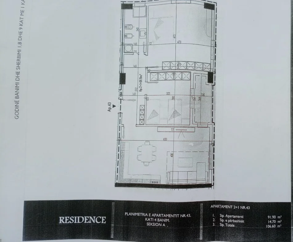 Tirane, shitet apartament 2+1+Ballkon,Kati 4, siperfaqe 106 m²,Çmimi 800 euro/m2  Bulevardi Nënë Tereza-KAMEZ