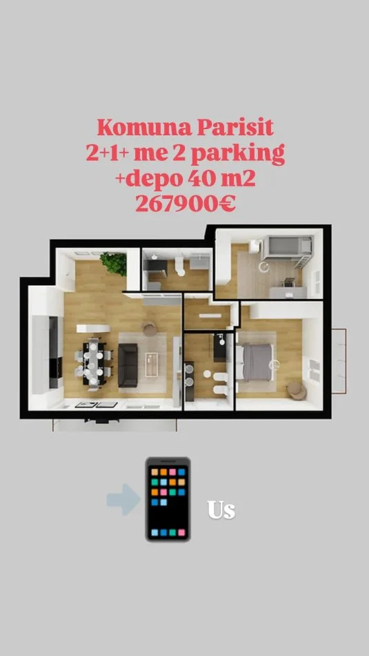 Tirane, shes apartament 2+1+Ballkon Kati 4, 94 m² 2 parkime+depo(Komuna e parisit)