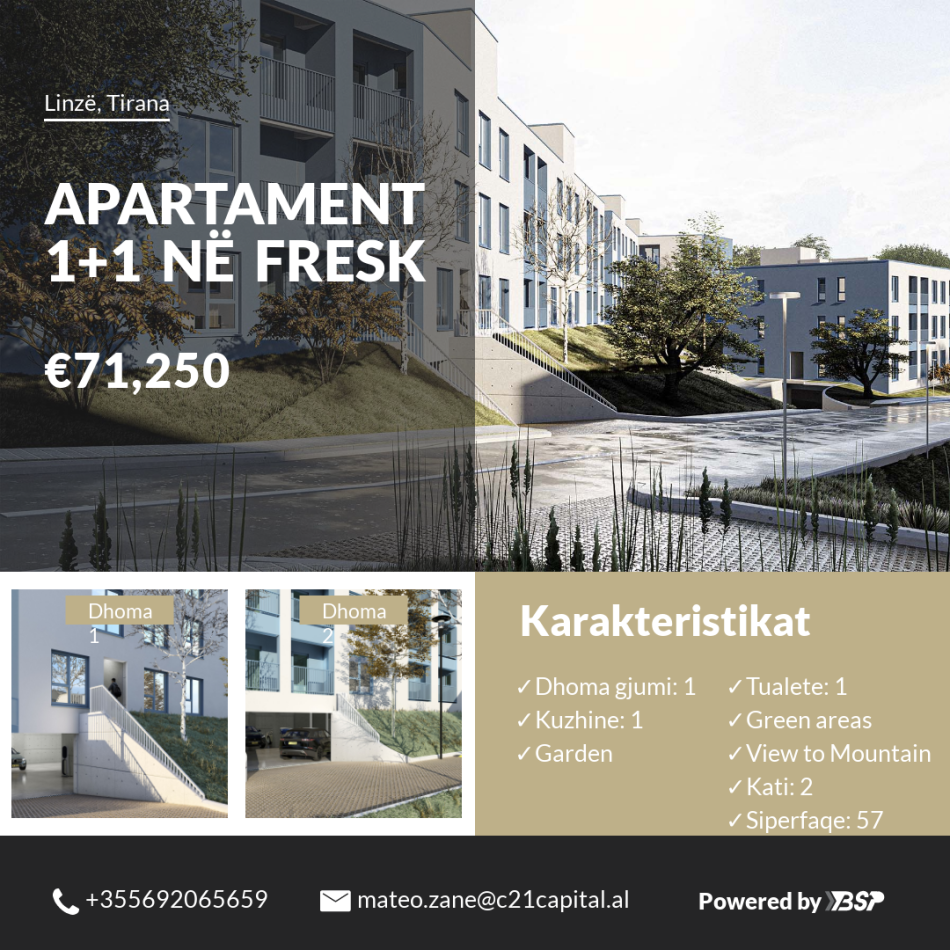 Tirane, shitet apartament 1+1+Ballkon Kati 2, 57 m² 71.250 € (Linze)