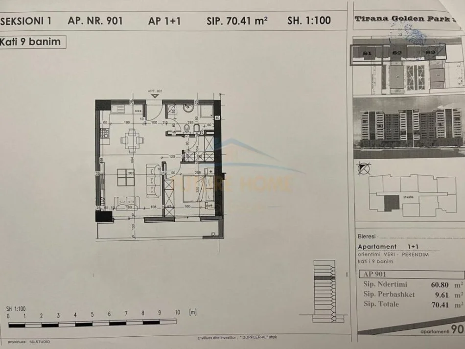 Tirane, shitet apartament 1+1+Ballkon Kati 9, 70 m² 95000 € (Rruga e Kavajes)