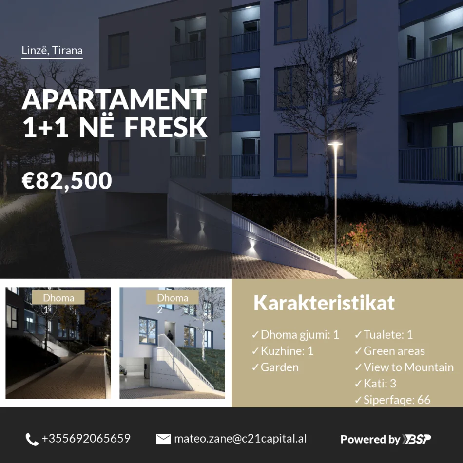Tirane, shitet apartament 1+1+Ballkon Kati 3, 66 m² 82.500 € (Linze)