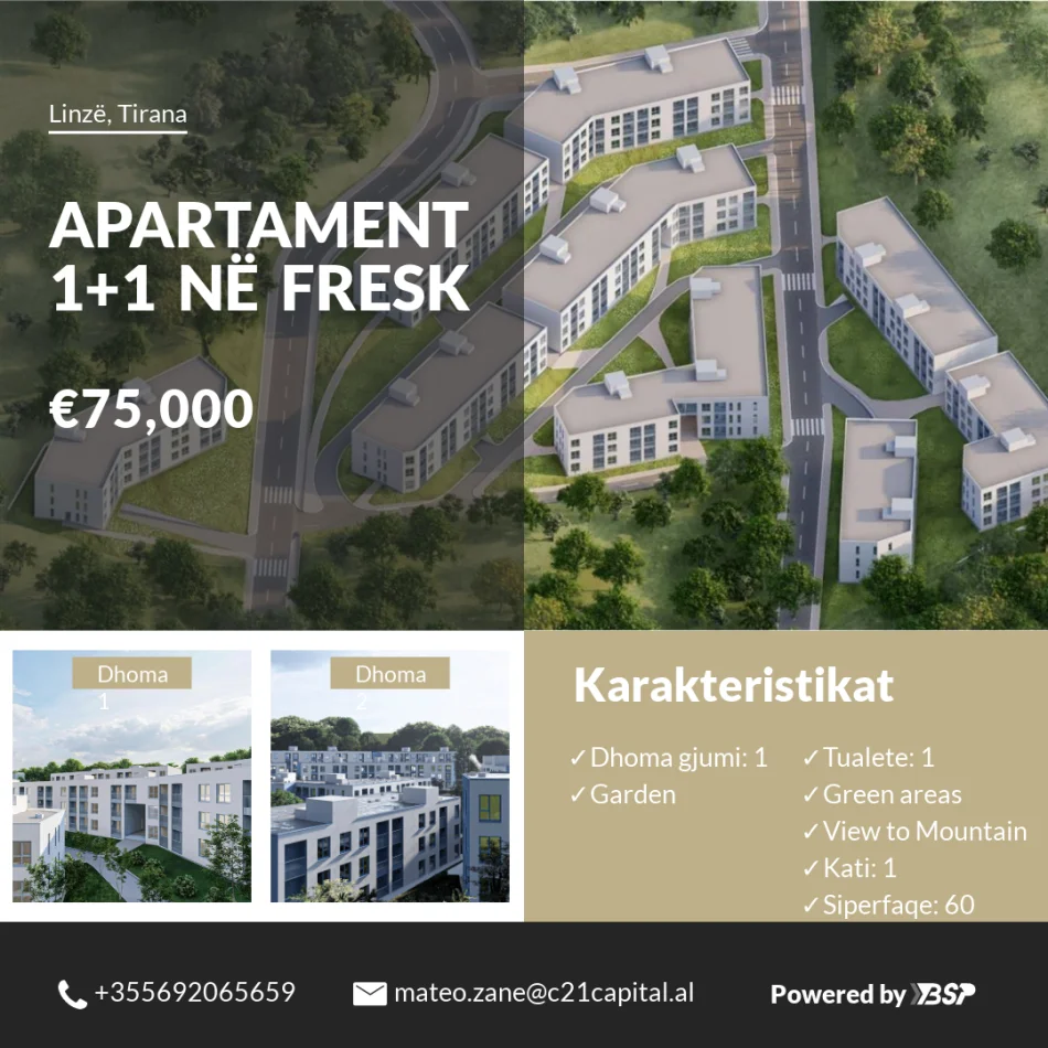 Tirane, shitet apartament 1+1+Ballkon Kati 1, 60 m² 75.000 € (Linze)