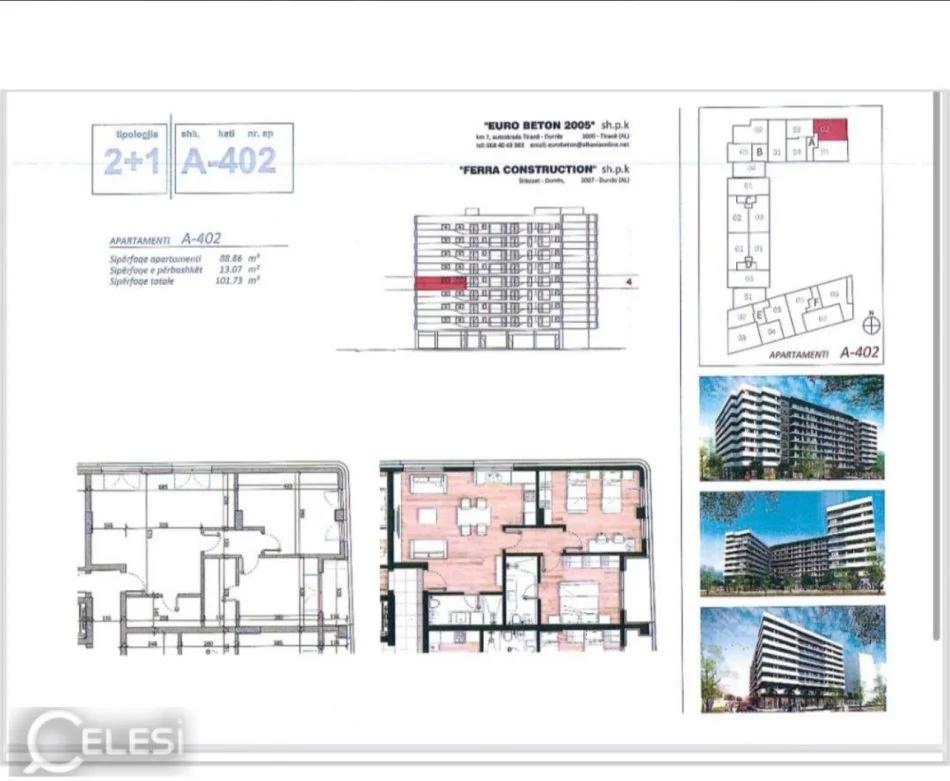 Tirane, shes apartament 2+1 , 102 m² 153.000 € (Rruga Don Bosko Perball Gjykates Administrative)