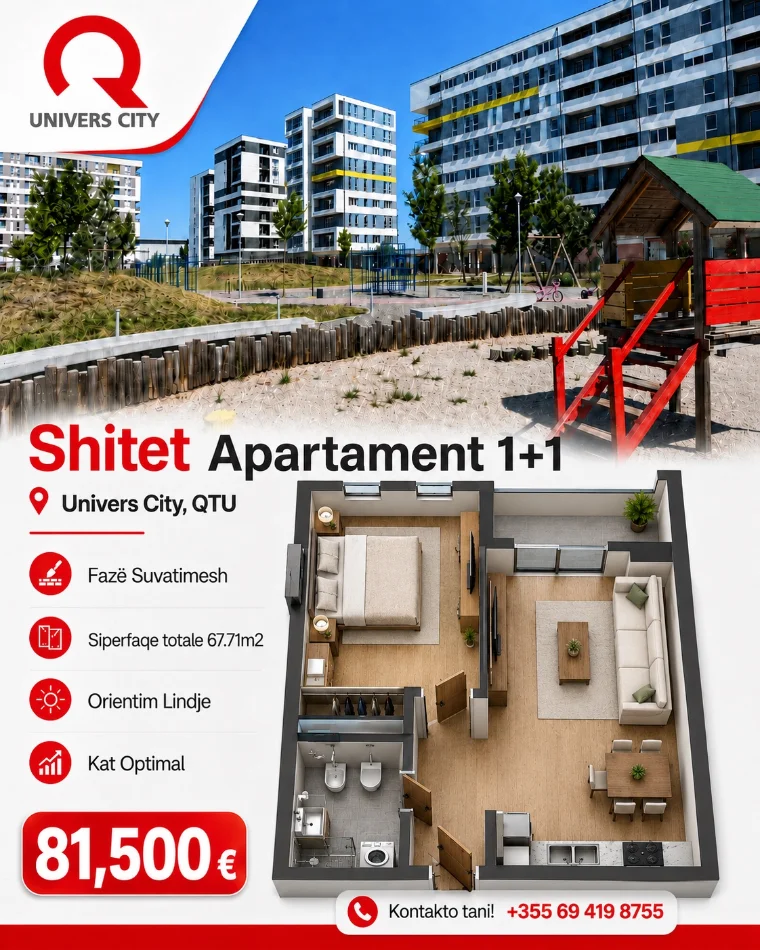 Tirane, shitet apartament 1+1+Ballkon , 68 m² 81.500 € (Univers City, QTU)