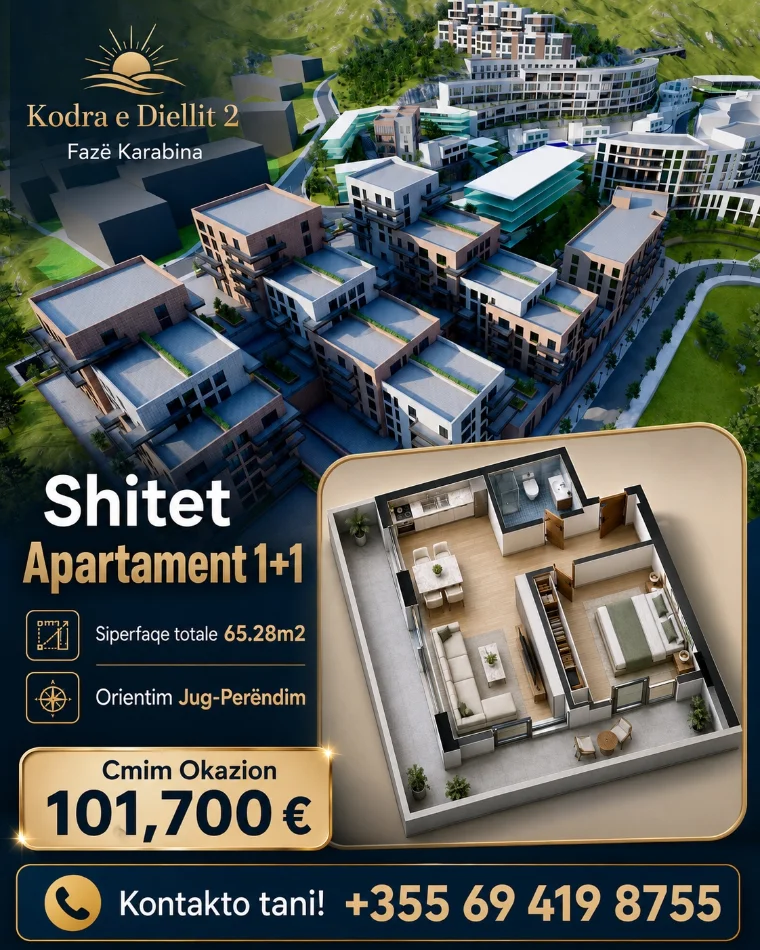 Tirane, shitet apartament 1+1+Ballkon , 65 m² 101.700 € (Kodra e Diellit 2)