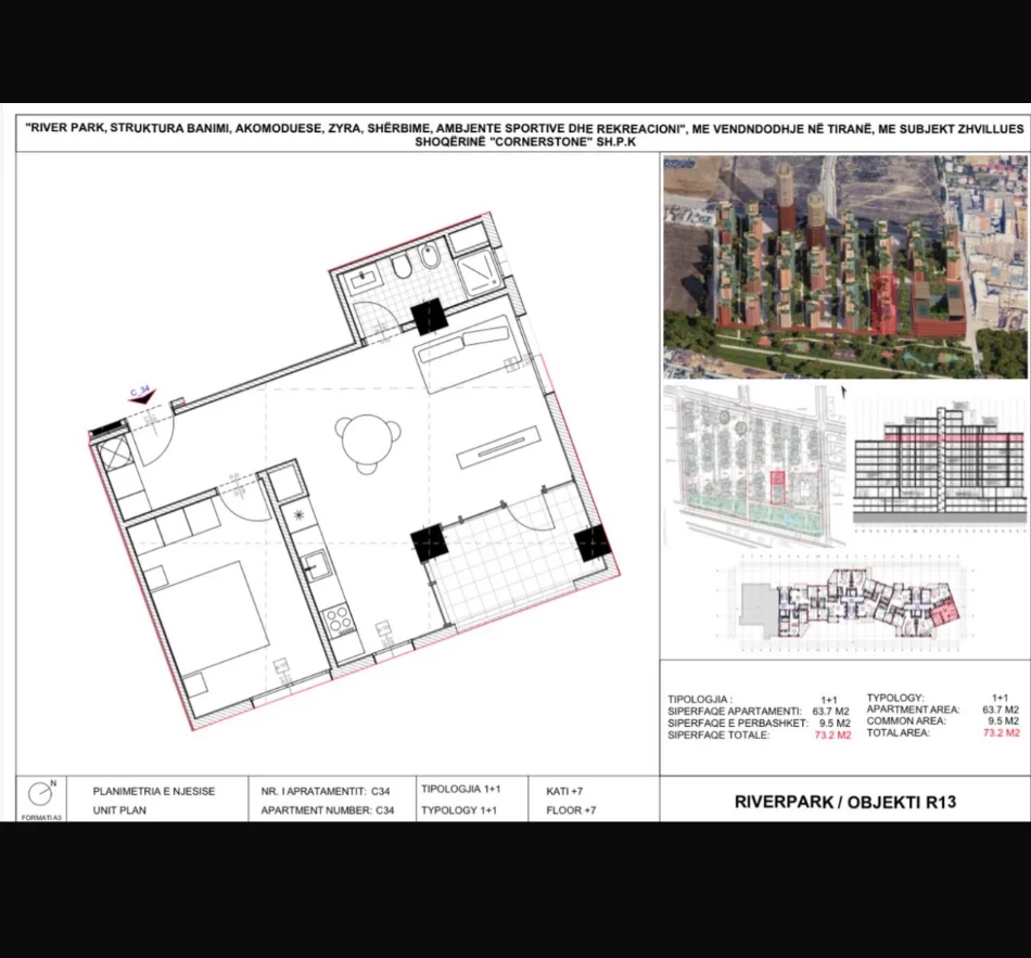 Tirane, shitet apartament 1+1+Aneks+Ballkon Kati 7, 74 m² 1€ (River Park Rezidenc)