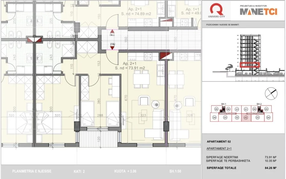 Tirane, shitet apartament 2+1 Kati 2, 84 m² 125.000 € 