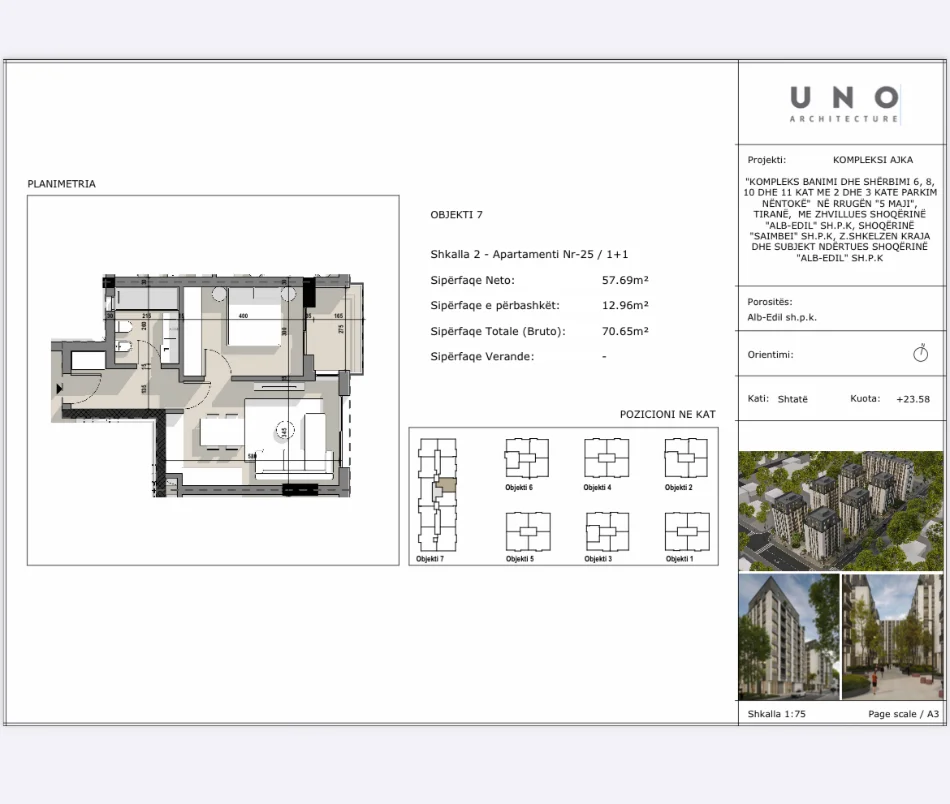 Shqiperi, shitet apartament 1+1 Kati 7, 71 m² 