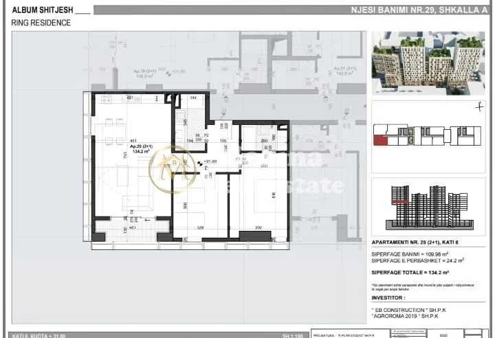 Tirane, jepet me qera apartament 2+1 Kati 8, 134 m² 300000 € (Shitet Apartament 21 Soho Tower Zogu I Zi)