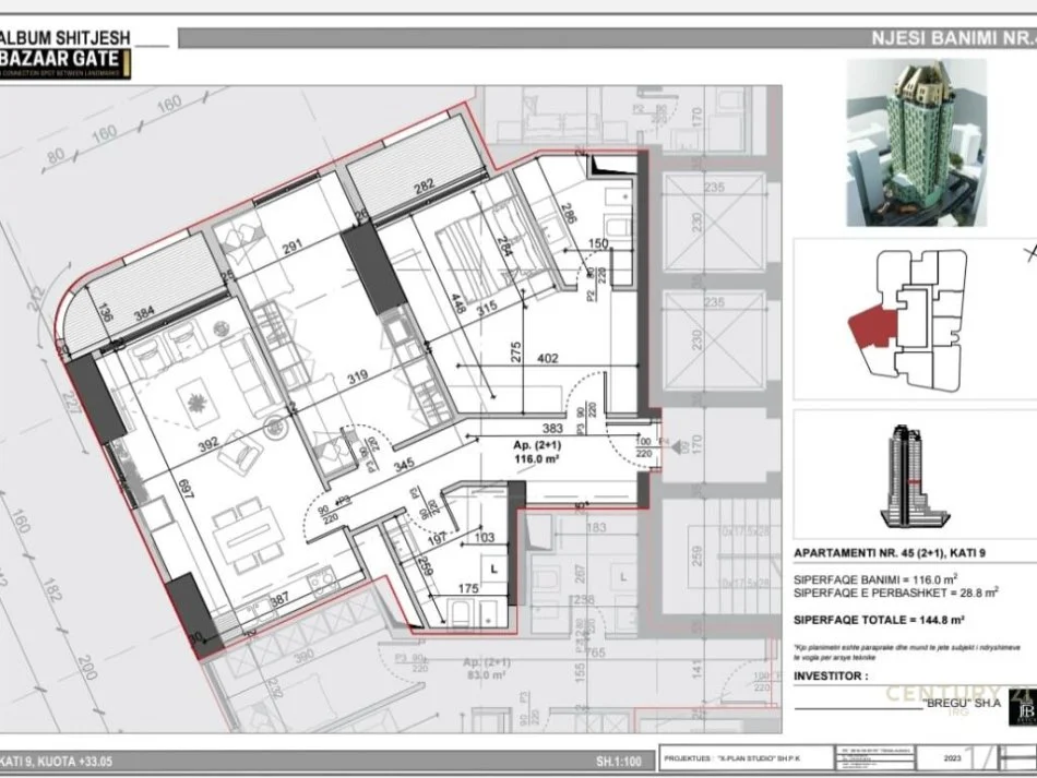 Tirane, shitet apartament 2+1+2 Kati 9, 145 m² 478.000 € (Pazari Ri)