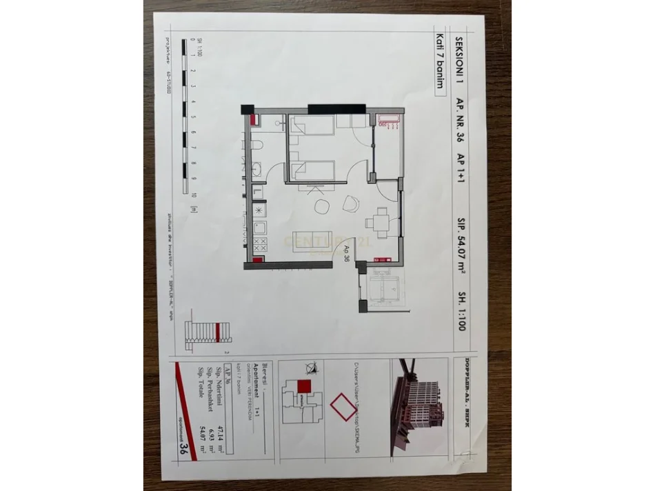 Tirane, shes apartament 1+1 Kati 7, 54 m² 125.000 € (Pallati me Shigjeta)