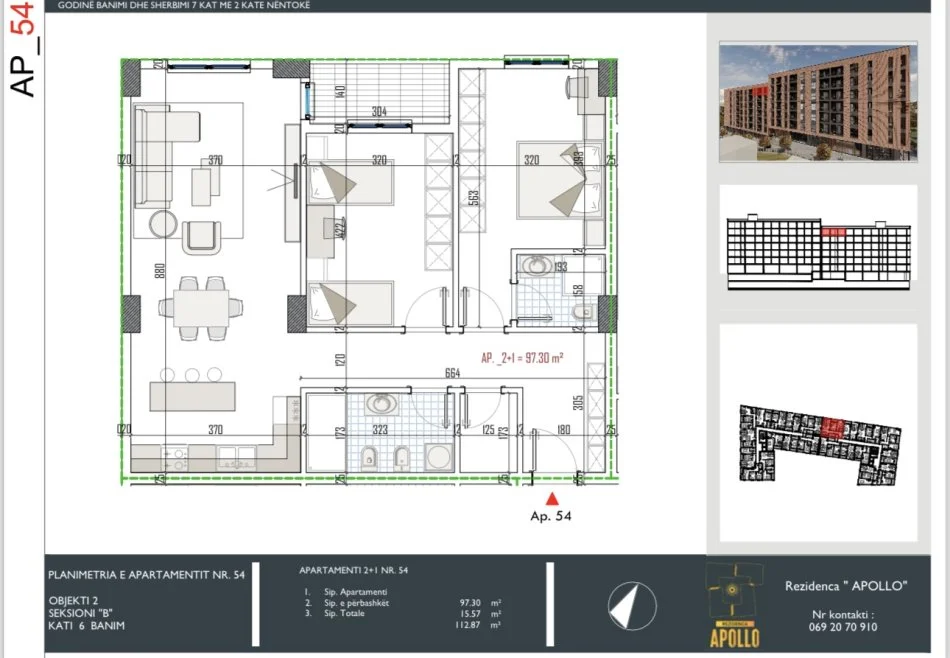 Tirane, shitet apartament 2+1 Kati 6, 112 m² 109.483 € (Residenca Apollo Paskuqan)