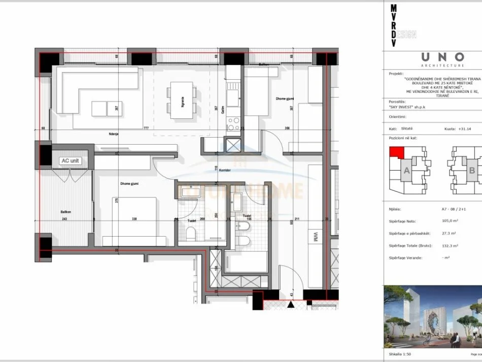 Tirane, shitet apartament 2+1+Ballkon Kati 7, 132 m² 291.000 € (Tirana Boulevard)