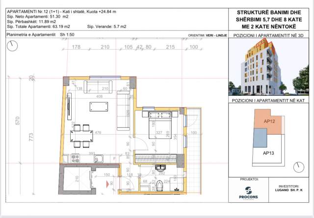 Tirane, shitet apartament 1+1+BLK Kati 7, 69 m² 1.700 Euro/m2 (Rruga drago siloqi)