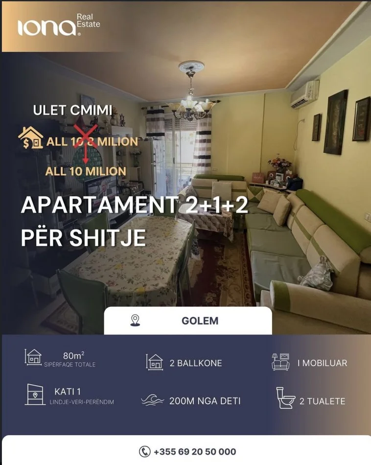 Golem, shitet apartament 2+1+Ballkon Kati 1, 80 m² 100.000 € 