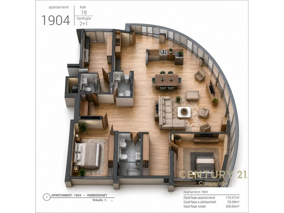 Tirane, shes apartament 2+1+Aneks+Ballkon Kati 19, 207 m² (TIRANA ROCK)