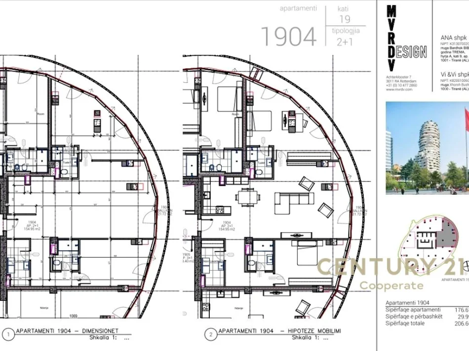 Tirane, shes apartament 2+1+Aneks+Ballkon Kati 19, 207 m² (TIRANA ROCK)