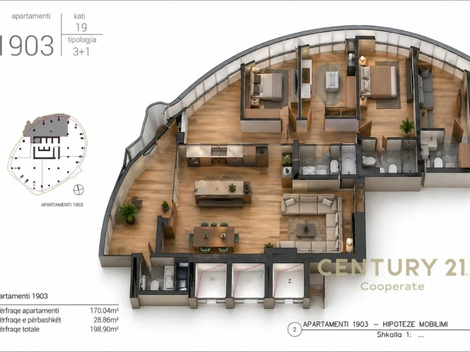 Tirane, shes apartament 3+1+Aneks+Ballkon Kati 19, 199 m² (TIRANA ROCK)