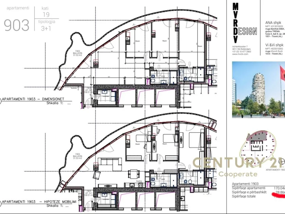 Tirane, shes apartament 3+1+Aneks+Ballkon Kati 19, 199 m² (TIRANA ROCK)