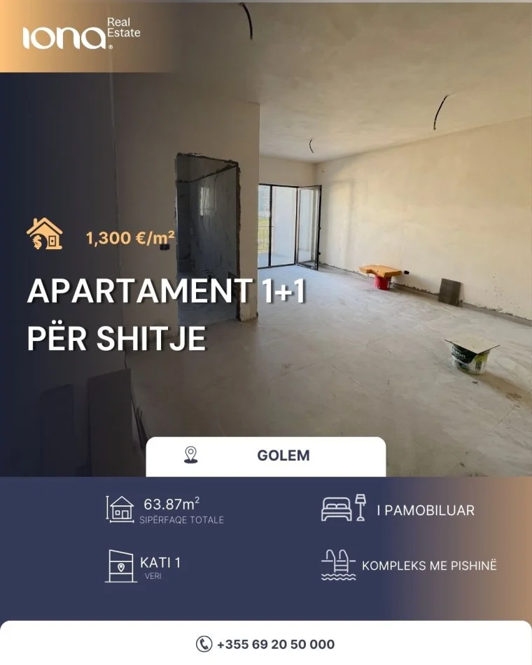 Golem, shitet apartament 1+1+Ballkon Kati 1, 64 m² (300m Distanc Nga Deti)