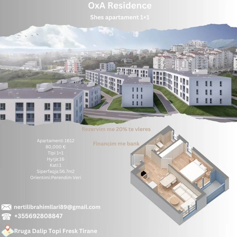 Tirane, shes apartament 1+1+Ballkon Kati 1, 57 m² 80.000 € (Rruga Dalip Topi Fresk Tirane)