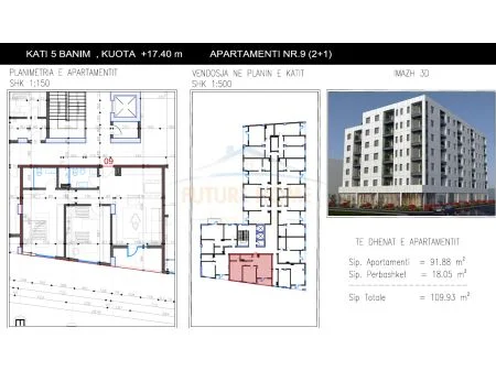 Tirane, shitet apartament 2+1 Kati 5, 109 m² 93.500 € (Bulevardi Donald Trump, Kamez AREA43959)