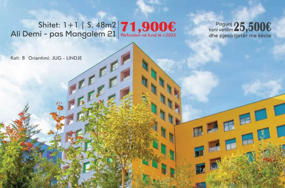Shitet:1+1📍 Ali Dem - Afër Mangalem 21 ((71,900€)) Pagese me Këste ( Mundesi Financimi ) Paguaj Tani Vetem 25,500€✅