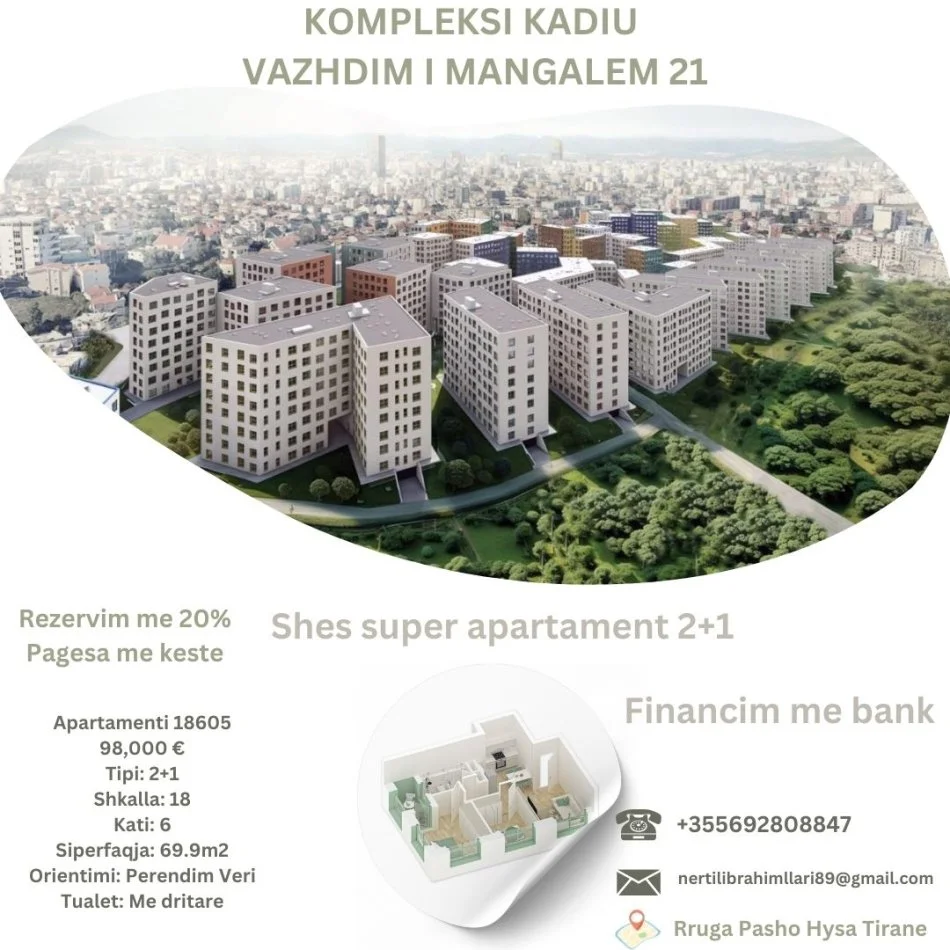 Tirane, shes apartament 2+1+Ballkon Kati 6, 70 m² 98.000 € (Rruga Pasho Hysa Tirane)