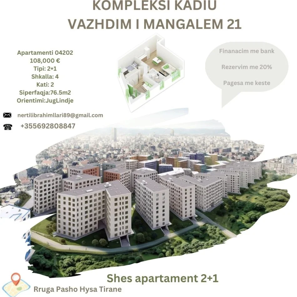 Tirane, shes apartament 2+1+Ballkon Kati 2, 76 m² 108.000 € (Rruga Pasho Hysa Tirane)