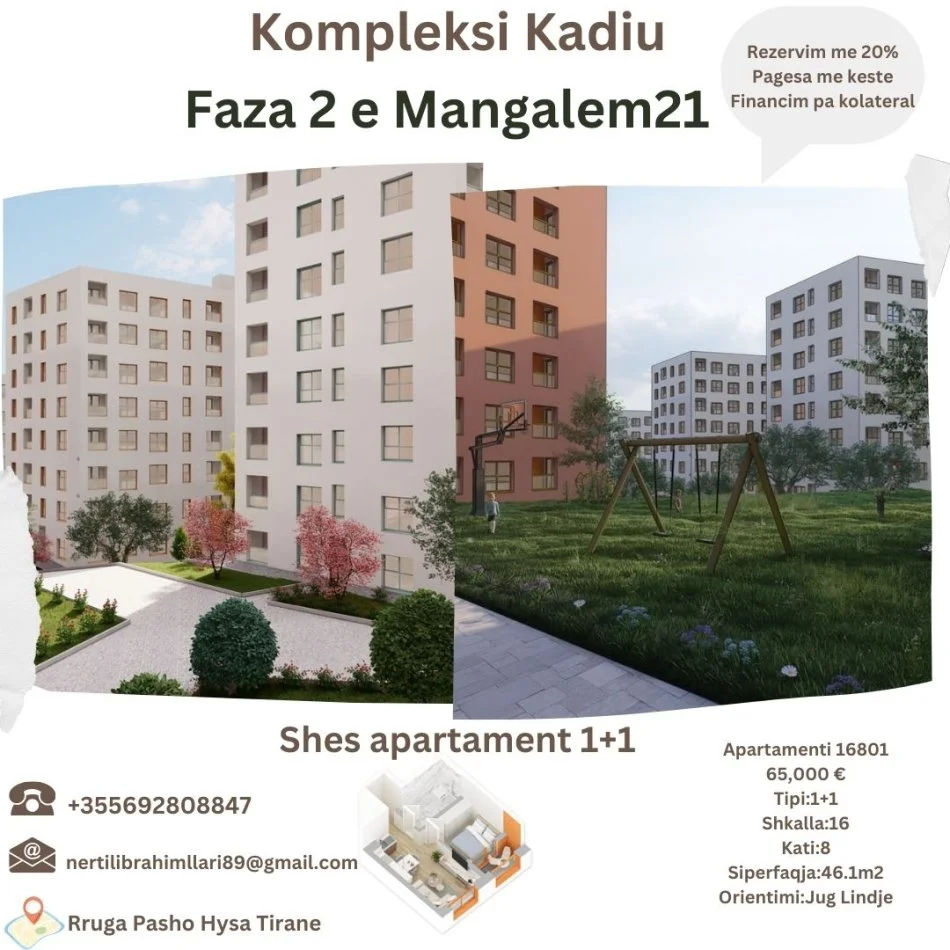 Tirane, shes apartament 1+1+Ballkon Kati 8, 46 m² 65.000 € (Rruga Pasho Hysa Tirane)