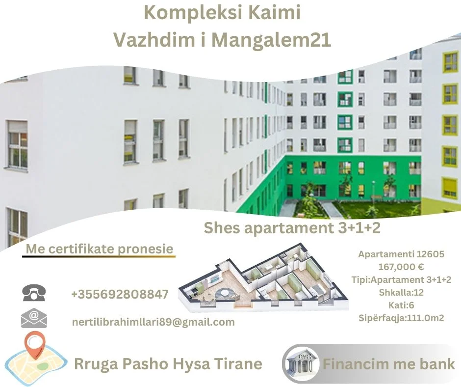 Tirane, shes apartament 3+1+Ballkon Kati 6, 111 m² 167.000 € (Rruga Pasho Hysa Tirane)