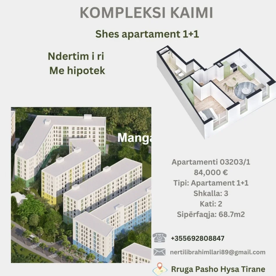 Tirane, shes apartament 1+1 Kati 2, 69 m² 84.000 € (Rruga Pasho Hysa Tirane)
