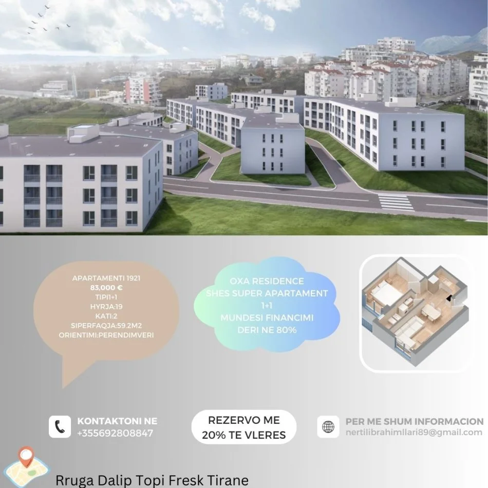 Tirane, shes apartament 1+1+Ballkon Kati 2, 59 m² 83.000 € (Rruga Dalip Topi Fresk Tirana)