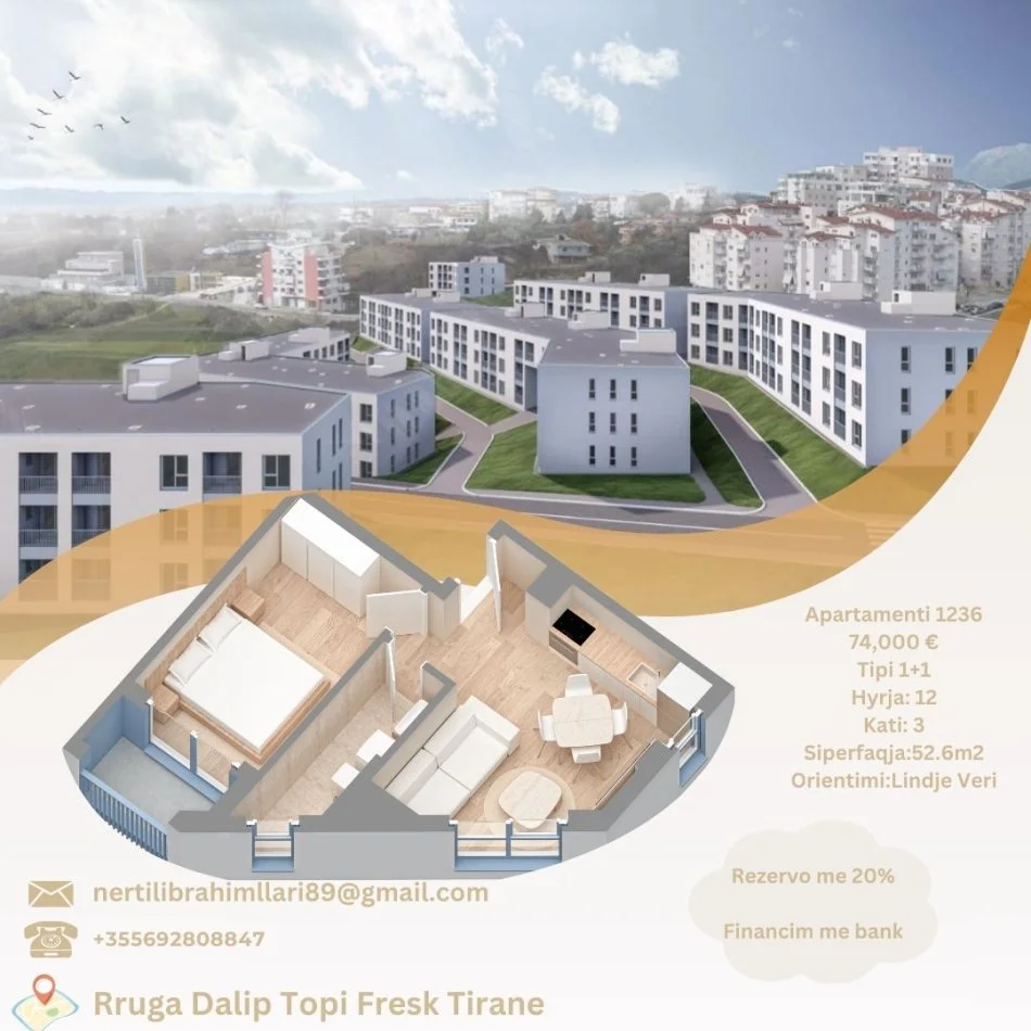 Tirane, shes apartament 1+1+Ballkon Kati 1, 53 m² 74.000 € (Rruga Dalip Topi Fresk Tirane)