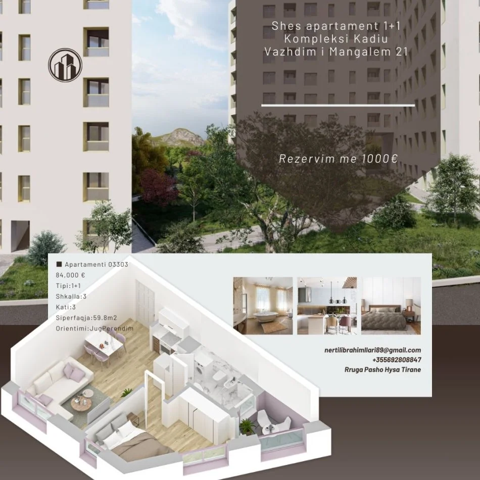 Tirane, shes apartament 1+1+Ballkon Kati 3, 60 m² 84.000 € (Rruga Pasho HYSA)