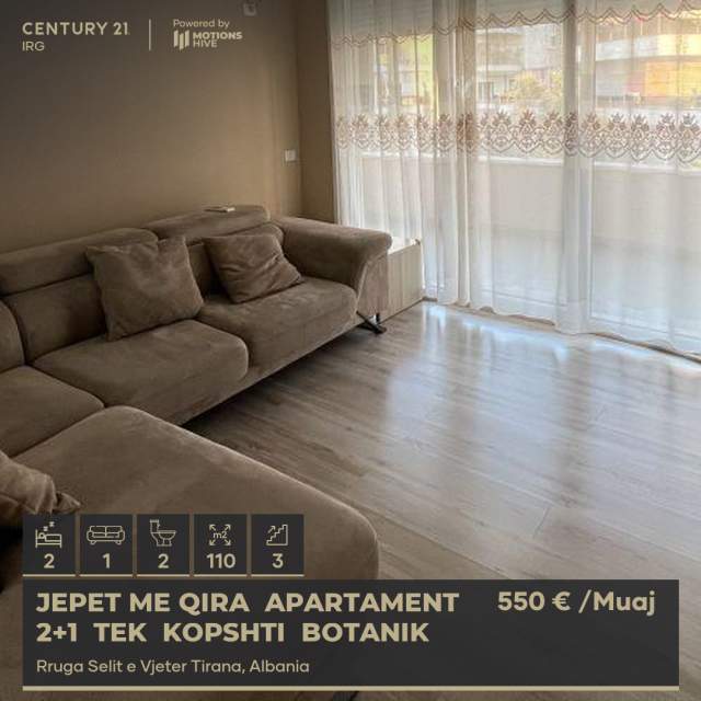 Tirane, jepet me qera apartament 2+1 Kati 3, 110 m² 550 Euro (kopshti botanik)