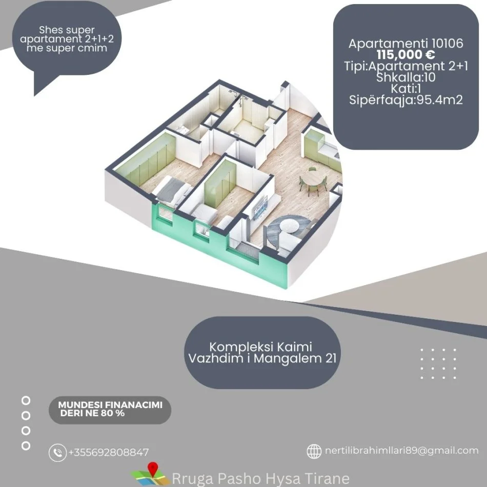 Tirane, shes apartament 2+1+Ballkon Kati 0, 95 m² 115.000 € (Rruga Pasho Hysa Tirane)